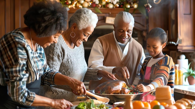 Een Afro-Amerikaans gezin is verzameld in de keuken en bereidt een Thanksgiving maaltijd voor