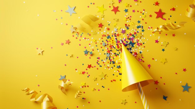 Foto een gele plastic party popper wordt vergezeld van vliegende papieren confetti sterren en decoratieve elementen voor een viering of winnend concept de illustratie is realistisch in 3d