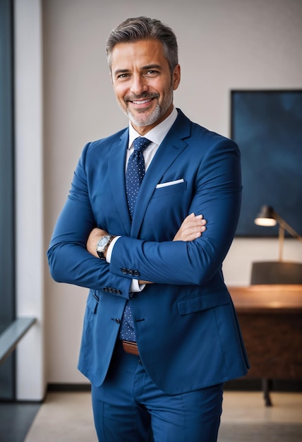 Foto een glimlachende man die vertrouwen uitstraalt staat met zijn armen over zijn borst in een modern goed verlicht kantoor de zakenman is gekleed in een strikt blauw pak met een stropdas