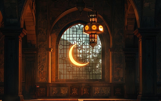 Een groot gebogen raam in een moskee met een Ramadan lantaarn die van boven hangt