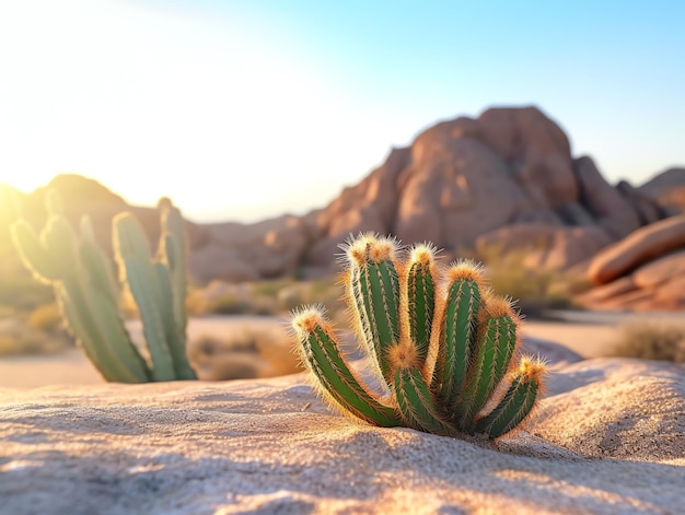 Een droog woestijnlandschap van cactussen en bergen