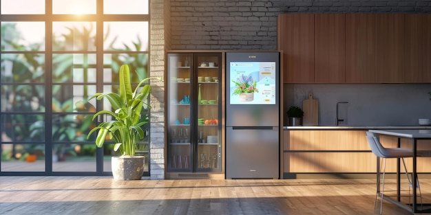 Foto een keuken met een koelkast met een scherm erop de koelkast is in een kamer met veel natuurlijk licht dat door de ramen binnenkomt