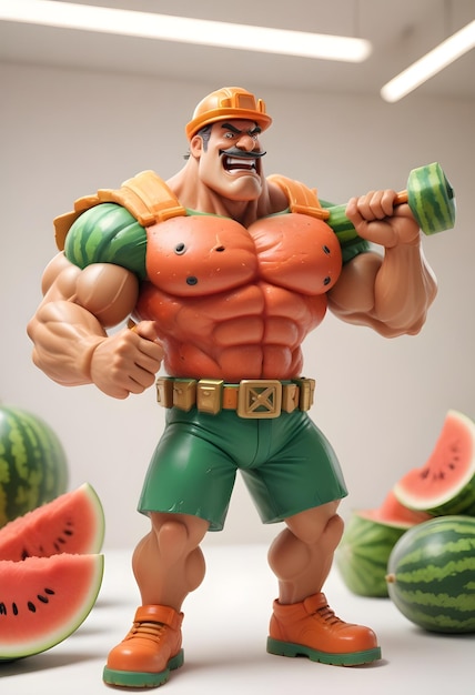 een lego man met een watermeloen op zijn hoofd
