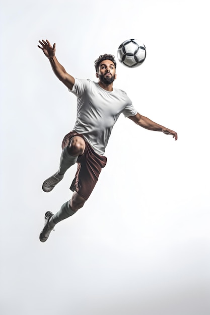 Foto een man in een wit shirt schopt een voetbal.