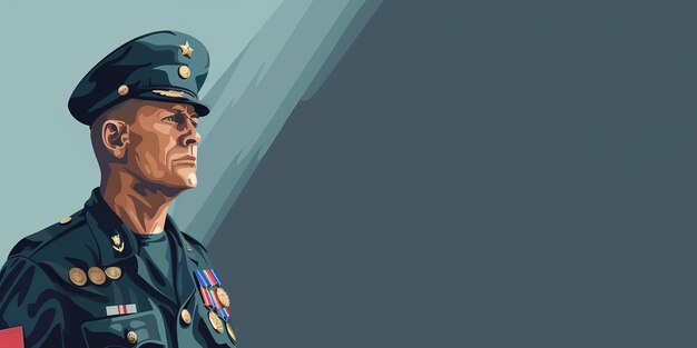 Foto een man in een militair uniform staat voor een grijze achtergrond de man draagt een hoed en een shirt met een badge erop