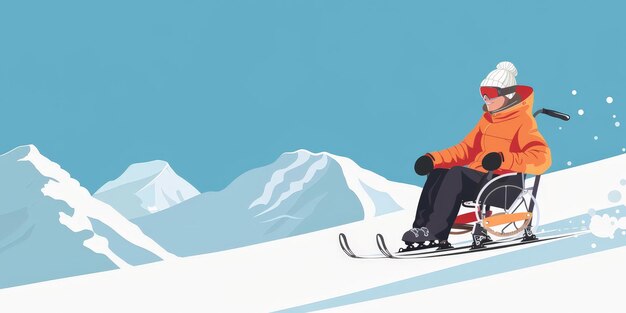 Foto een man in een rolstoel skiet een besneeuwde berg af het toneel is levendig en energiek met de ski's van de man39 en de met sneeuw bedekte berg die een gevoel van avontuur en opwinding creëert