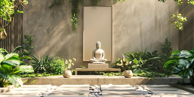 Foto een serene tuin met een standbeeld van boeddha in het midden het standbeeld is omringd door planten en een bank die een vreedzame sfeer creëert
