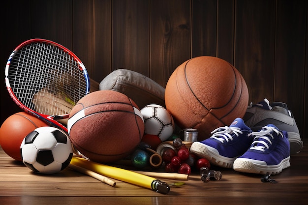 Foto een paar blauwe tennisschoenen staan op een houten vloer met een basketbal en een tennisbal.