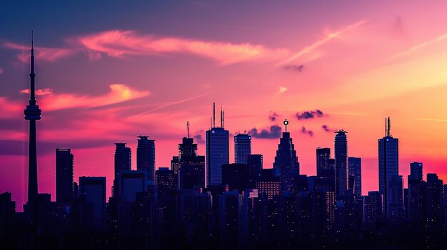 Foto een paarse hemel met een paarse lucht en een stads skyline