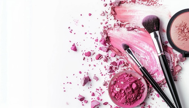 Foto een roze make-up penseel is naast een roze lippenstift
