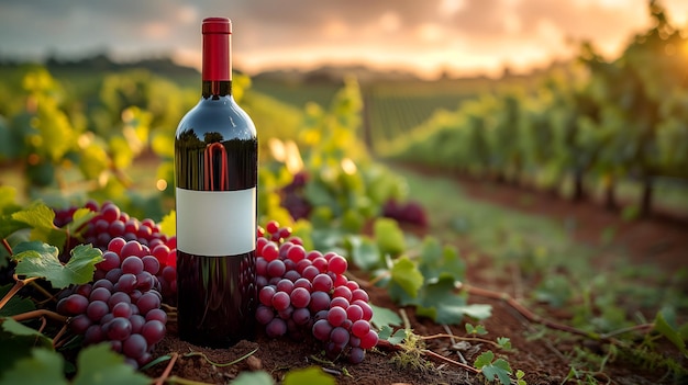 Een rode wijnfles voor een landschap van druivenboerderij