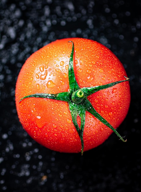 Foto een rijpe tomaat met druppels water
