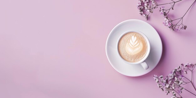 Foto een witte koffiebeker met een hart erop zit op een roze achtergrond de beker is gevuld met koffie en omringd door bloemen concept van warmte en comfort als de kop koffie