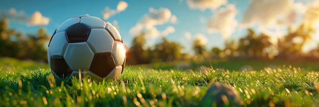 Foto een voetbal op het gras met de zon erachter