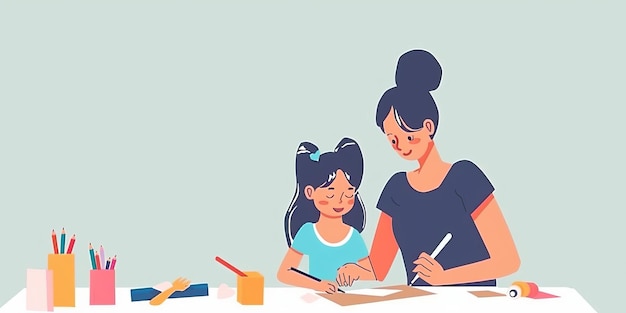 Foto een vrouw en een kind zitten aan een tafel te tekenen en te schrijven de vrouw helpt het kind met hun tekening en ze lijken zich te vermaken