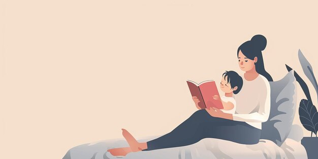 Foto een vrouw leest een boek voor aan een kind de vrouw zit op een bed en het kind zit op haar schoot concept van warmte en liefde tussen moeder en kind