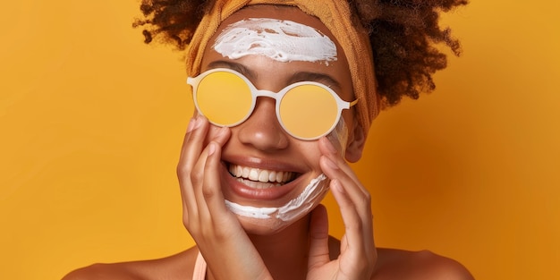 Foto een vrouw met een gele hoofdband en een zonnebril op haar gezicht ze glimlacht en heeft een wit gezichtsmasker op