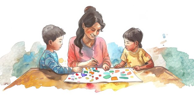 Foto een vrouw zit met twee kinderen aan een tafel en de kinderen kijken naar de tekening.