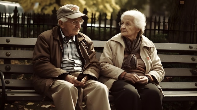 Elder couple sitting on a bench grandma grandpa grandparents love elderly old Generative AI