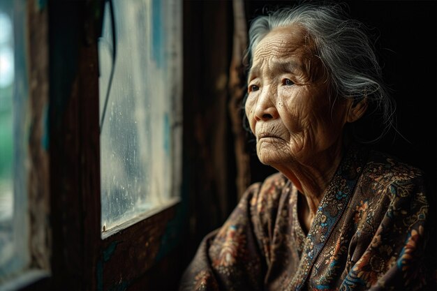 Photo elderly asian woman sitting by the window selective focus