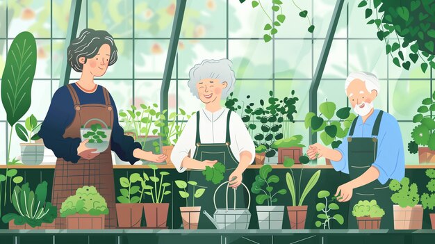 사진 elderly couple gardeners working in the garden greenhouse with their family