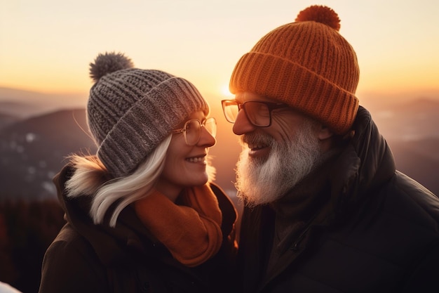 Пожилая улыбающаяся пара путешественников гуляет по горам с закатом на фоне генеративного ай