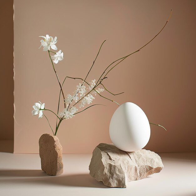 Элегантная коллекция пасхальных яиц в пастельных цветах и нежных весенних цветов на белом фоне