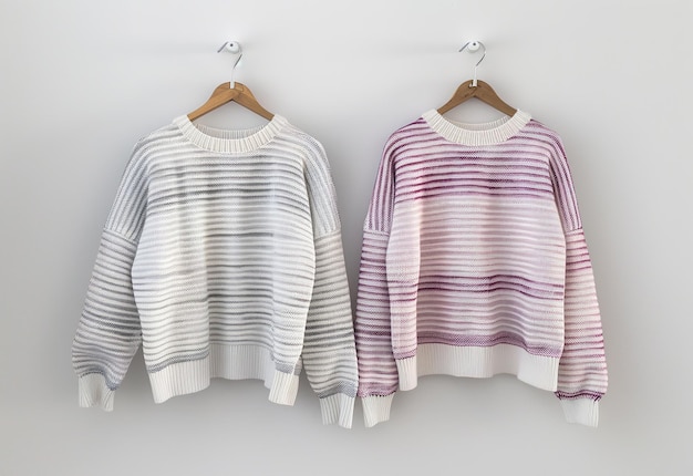Элегантные полосатые свитеры, висящие на стене, являются современным модным заявлением для вашего осенне-зимнего гардероба
