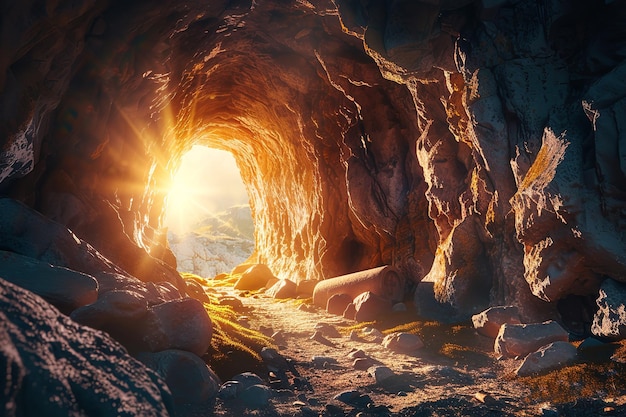 Photo empty tomb with a rocky cave made of stone and a burst of light generative ai