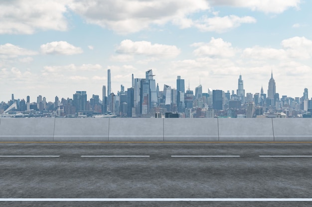 사진 도시 건물 배경이 있는 빈 도시 아스팔트 도로 외부 새로운 현대 고속도로 콘크리트 건설 성공으로 가는 길의 개념 교통 물류 산업 빠른 배송 뉴욕 미국