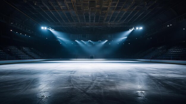 Фото Пустая конькобежная площадка освещена прожекторами стадиона и арены фон для рекламы