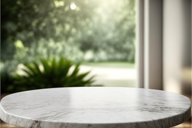 Фото Пустой мраморный стол в естественном зеленом саду на открытом воздухе