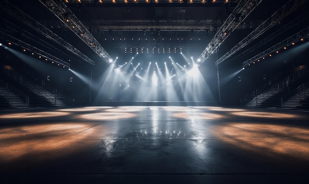 Foto stanza vuota per l'esposizione del prodotto con illuminazione con riflettori sul palco del concerto