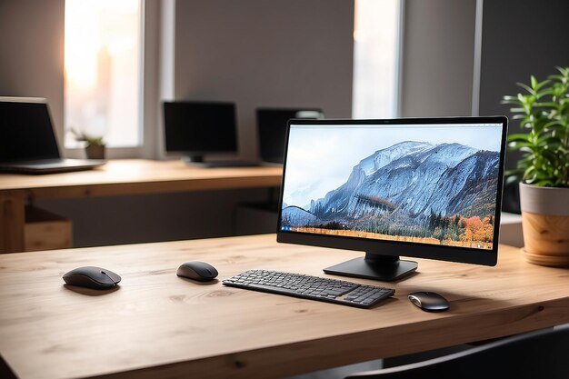 Фото Пустое пространство деревянный компьютерный стол и ноутбук с пустым экраном и беспроводной мышью в офисе с современным размытым фоном