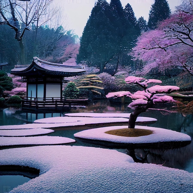 Фото Зачарованный японский сад зимний фон обои живопись стены искусства