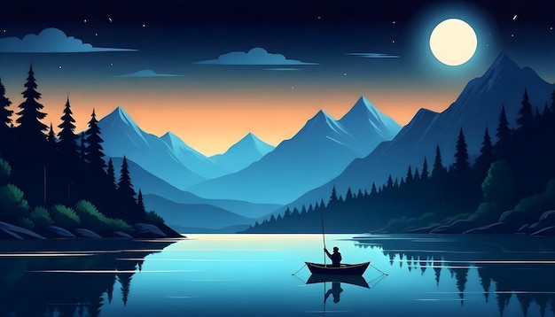 Фото Зачарованная ночь у озера сюрреалистическая пейзажная иллюстрация