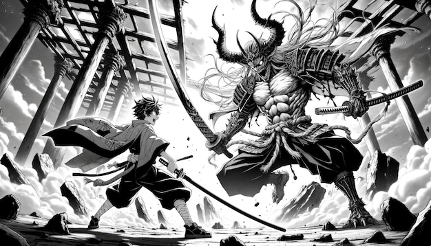 Photo epic manga clash between heroic swordsboy and mythical beast