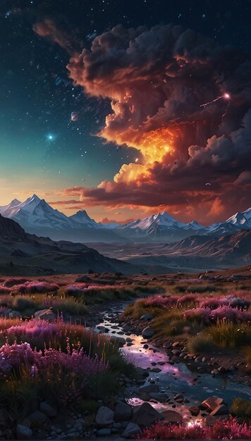 Фото Эпическая горная картина с закатом солнца на красочных кумулонимбах, облаках, ландшафтах природы, стиле аниме
