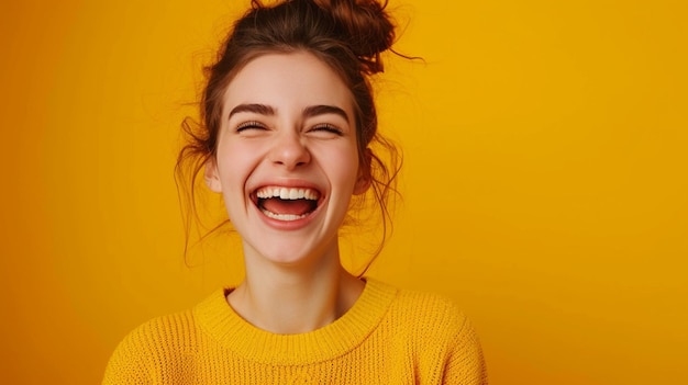 Photo european woman radiating happiness and joy isolated on solid background copy space included