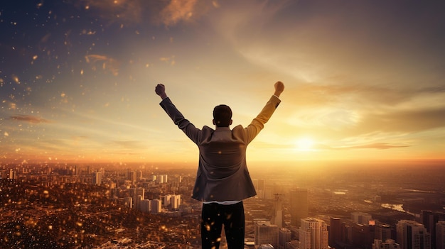 Photo the exhilaration of success and achievement as a person raises their arms in triumph this dynamic shot embodies the euphoria of reaching a significant milestone showcasing determination hard work