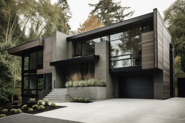 Фото Внешний вид современного дома с плавными линиями и минималистскими деталями, созданный с помощью генеративного искусственного интеллекта