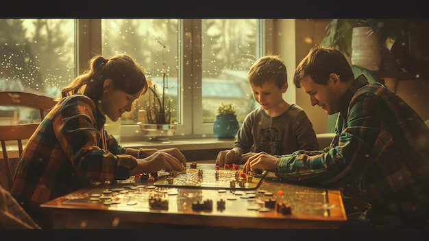 Фото Семья из трех человек играет в настольную игру дома они сидят за столом в гостиной