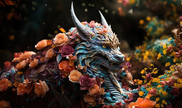 Фото Фантастический цветочный дракон на красочном цветочном фоне