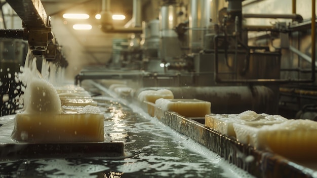 Photo a factory filled with lots of soap on a conveyor belt perfect for industrial and manufacturing concepts