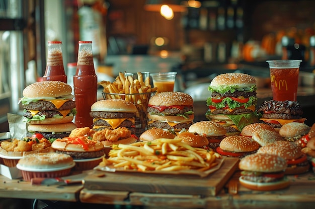 Photo fast food many items on the table different types of cheese burger sandwich french fries drinks