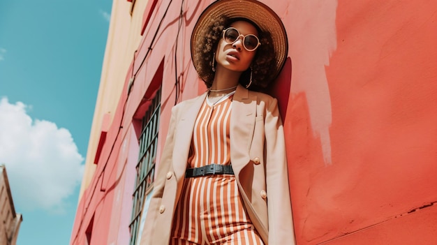 Photo a fashionforward blogger exudes confidence and style in a chic ensemble effortlessly combining her impeccable fashion sense with her influential social media presence her trendy outfit sh