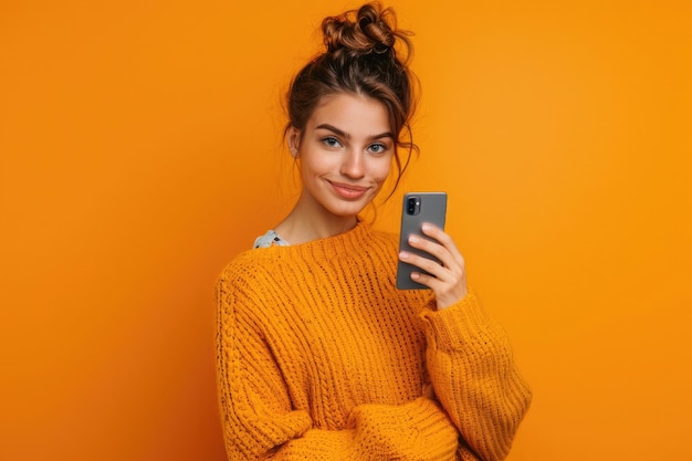 Фото Женщина с телефоном в руке смотрит перед собой, стоя на оранжевом фоне.