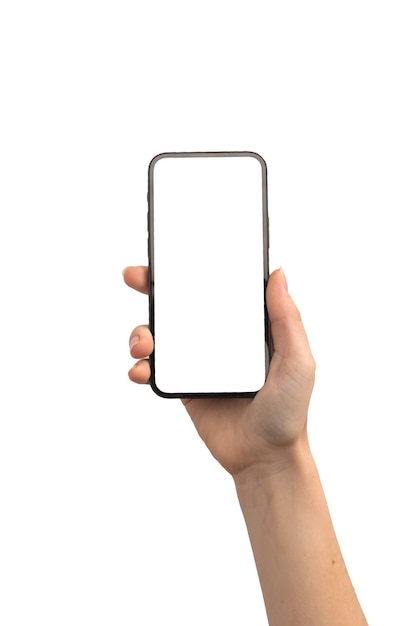 Женская рука с макетом экрана смартфона, изолированные на белом фоне фото