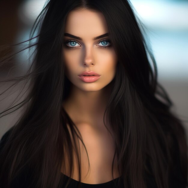 Фото Женская модель светлой кожи, черных волос, молодая, солнечная, модная, крутая портретная фотография