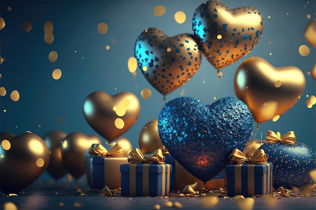 Фото Праздничный фон с голубыми золотыми шарами и подарками на новый год, день святого валентина или любой другой праздник, сгенерированный ai